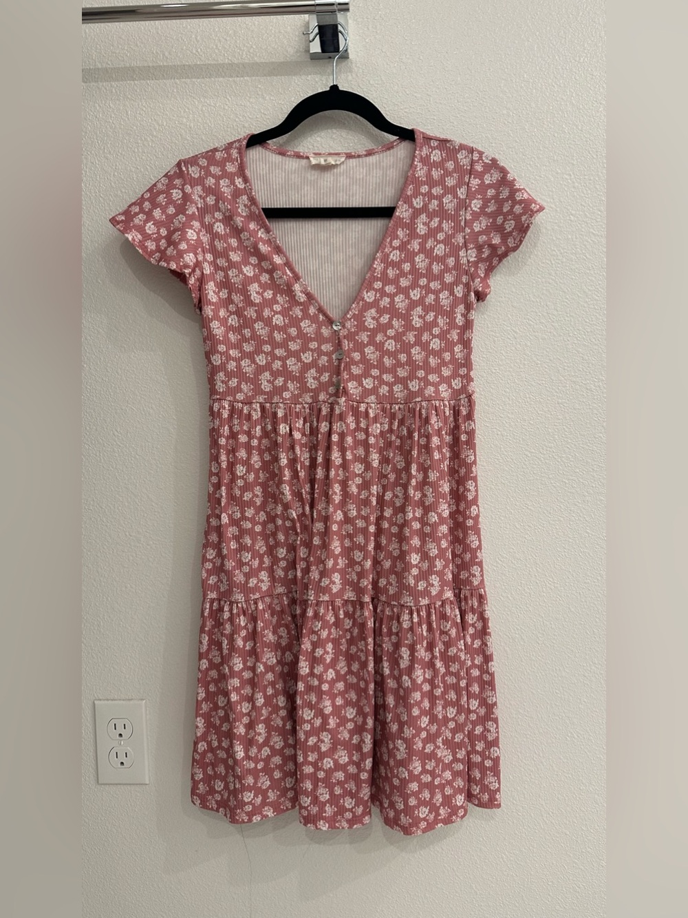 See You Monday Dusty Rose Floral Tiered V-Neck Mini Dress